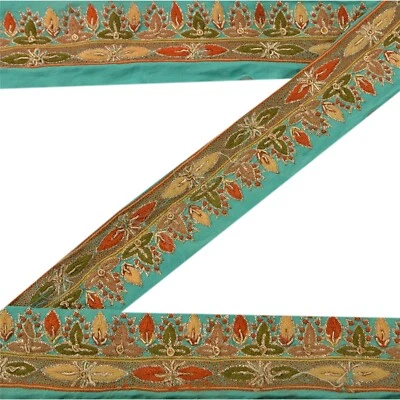 Cinta de encaje turquesa con cuentas a mano borde de sari vintage sánscrito de 1 yarda Foto 1 de 4