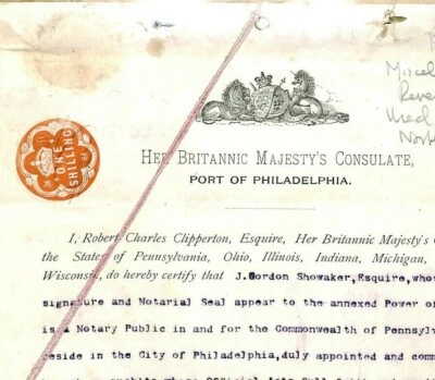 GB/EE. UU. QV INGRESOS CONSULADO BRITÁNICO *Puerto de Filadelfia* 1884 documento CV250 Foto 1 de 4