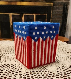 Ready to Ship Plastic Canvas Patriotic Tissue Box Cover (Hand Made) - Picture 1 of 4