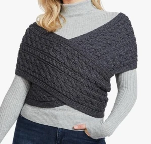 Aran Pullover Markt grau Merinowolle Zopfmuster Crossover Wickeloptik mit Knöpfen X-SM Neu mit Etikett - Bild 1 von 14