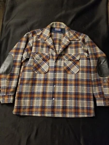 Vtg Pendleton Wool Cruiser Heavy Shirt Jacket Plaid Mens L Rare Leather Elbow - Picture 1 of 10