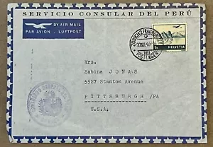 RARE 1946 SWITZERLAND CONSULATE OF PERU IN ZURICH COVER SENT TO PITTSBURGH, PA - Picture 1 of 4