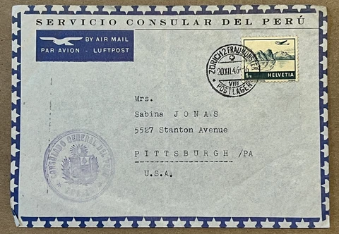 RARE 1946 SWITZERLAND CONSULATE OF PERU IN ZURICH COVER SENT TO PITTSBURGH, PA Cover