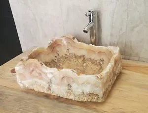 Lavello bagno nave in pietra, lavello da bagno fatto a mano 16 x 14 pollici onice marrone - Foto 1 di 8