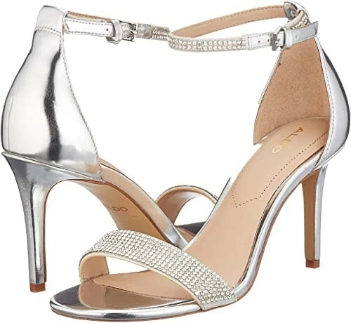 ALDO Alodien Ankle Strap Sandal Stiletto 3.5" Heel SILVER/RHINSTONE Womens 9 US