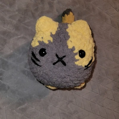 Handmade Crocheted Loaf Cat Plush Stuffed Animal Gray Yellow Kids Toy Kawaii - Image 1 of 4