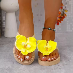 Women's Linen Slide Sandals with Butterfly Orchid Flower Accents US size 8 - Picture 1 of 4