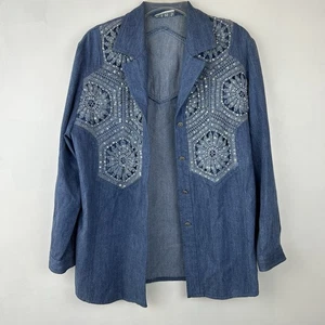 Vintage Jeanshemd mit Knopfleiste Damen L Granny Core Oberteil bestickt verziert lesen - Bild 1 von 9
