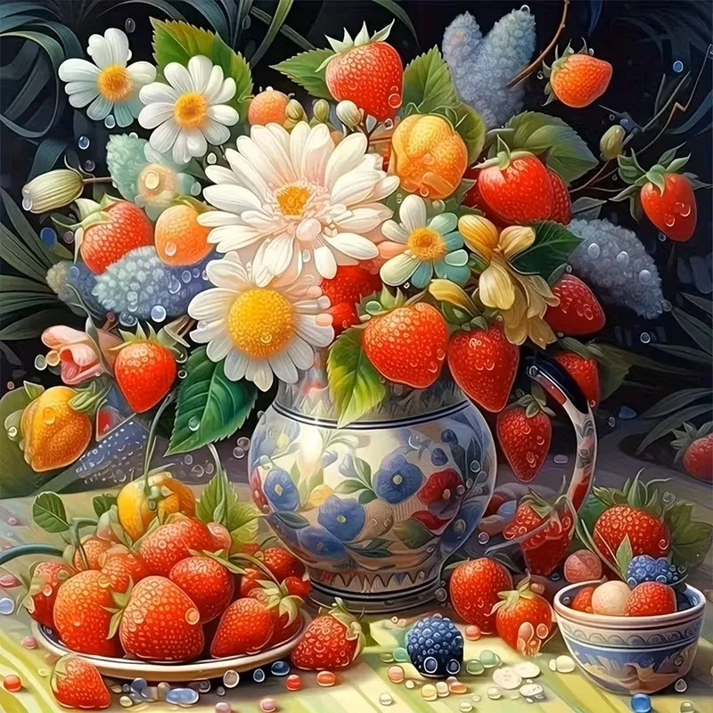 Pintura de diamante 5D morangos e flores broca redonda completa 20cmx20cm - Imagem 1 de 1
