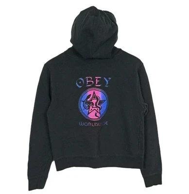 OBEY Propaganda 裁剪连帽衫女式小号黑色羊毛套衫上衣滑板 — 第 1/4 张图片