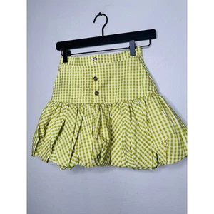 NWT CAROLINE CONSTAS Green White Gingham Checkered Reina Bubble Mini Skirt XS - Picture 1 of 12