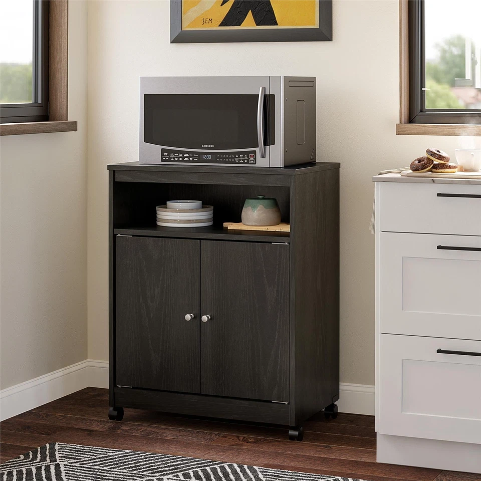 Home Microwave Cart Rolling Kitchen Cart Storage Cabinet with Doors Black Oak US - Image 1 of 4