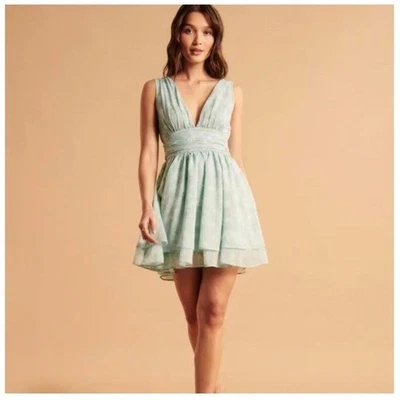 NWOT Abercrombie & Fitch Flirty Drama Floral V-Neck Swing Mini Dress Teal XLT - Image 1 of 4