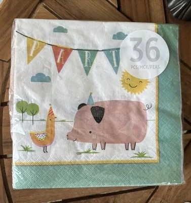 "36 servilletas de fiesta de animales de corral 7"" pollo cerdo de granja 7"" hechas en EE. UU. biodegradables" Foto 1 de 4