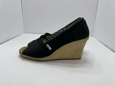 TOMS Calypso女式楔形高跟鞋8黑色帆布露趾帆布鞋 — 第 1/4 张图片