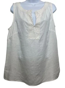 Saint Tropez West Linen Top Womens XL White Sleeveless Beaded Embroidered V Neck - Picture 1 of 9
