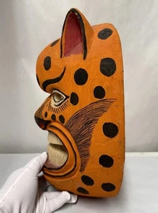 Hand Carved Painted Wooden Mask Jaguar Aztec Special Festivals Mexico Vtg Rare - Picture 1 of 6