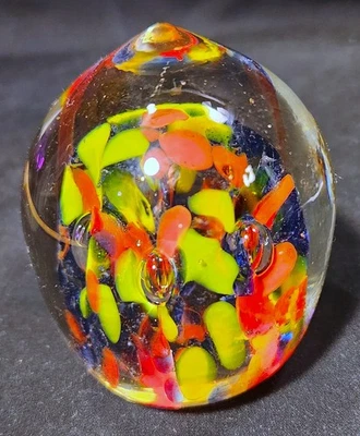 Pear Shaped Art Glass Paperweight Tutti Frutti Swirl Red Blue Yellow - Image 1 of 4