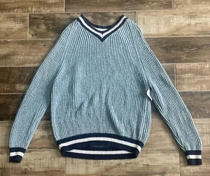 $2,695 NEW Loro Piana V-Neck Blue Heavy Cable Knit Linen & Cotton Sweater 2XL/56 - Picture 1 of 5