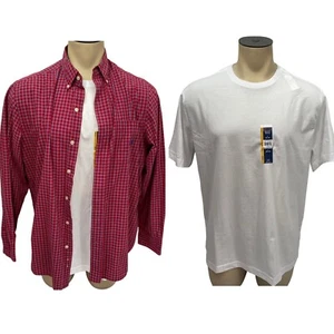 Camisa Chaps Para Hombres Grande Con Botones Roja Bolsillo a Cuadros Manga Larga Camiseta Trabajo Oficina - Imagen 1 de 12