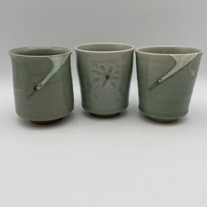 Vintage Sage Green Goose and Flower Japanese? Glazed Cups Lot of 3 - Picture 1 of 9