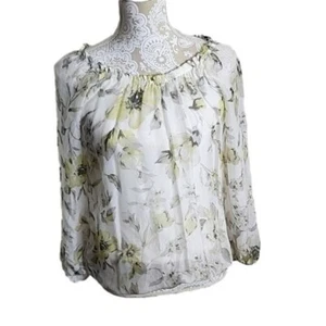 Rosemarine Top Seide elfenbein geblümt lange transparente Ärmel Made in Italy Damen Small - Bild 1 von 7