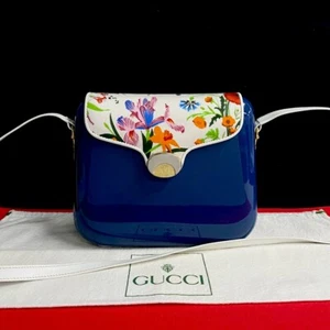 GUCCI Flora floral pattern Shoulder Bag plastic leather Satin blue 624-8 - Picture 1 of 9