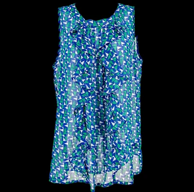 Duro Olowu Blue Blouse Sz M Ruffles Geometric Pattern Sleeveless Zip Back Sheer - Image 1 of 4