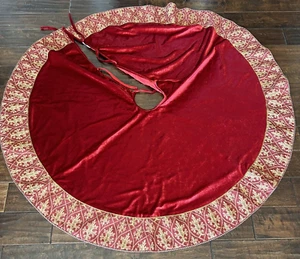 Christmas Tree Skirt Burgundy Red Velvet Lined Gold Tone with Beads Tie 56" - Picture 1 of 7