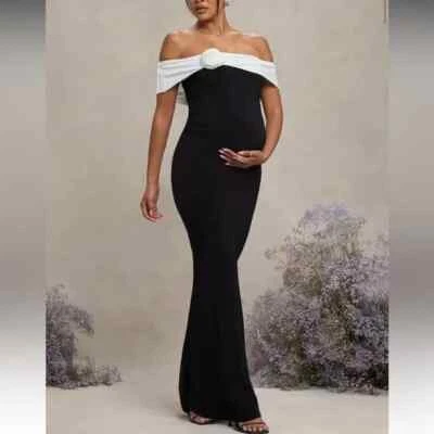 Maxi Vestido de Maternidad Club L On Bloom Blanco y Negro Bardot Flor Boda Talla 8 Foto 1 de 4