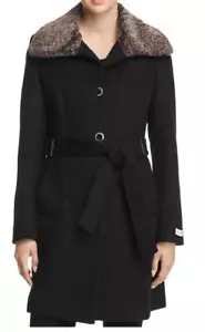 Calvin Klein Womens Faux Fur Wool Coat Size 4 Belted Wing Collar Buttons Black  - Picture 1 of 11