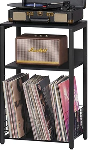 Black End Table, Small Side Table with Metal Frame,Modern Record Player Stand wi - Picture 1 of 12