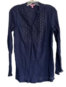 Lilly Pulitzer Freya Häkel Tunika Top dunkelblau Gaze V-Ausschnitt Blumen Damen S - Bild 1 von 7