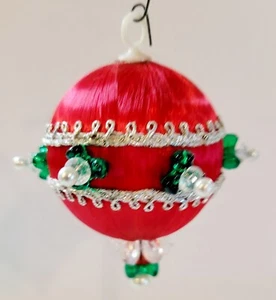 Vintage Styrofoam Satin Colorful Bead Covered Red Christmas Ball Ornament - Picture 1 of 2