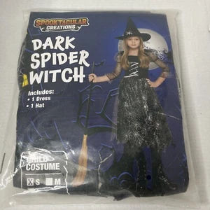 Dark Spider Witch Costume Set Child S Black Dress Hat Silver Spiderwebs - Picture 1 of 4