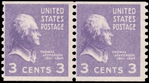 Scott 842, the 3¢ Thomas Jefferson - Prexie - MNH Coil Pair - Picture 1 of 1