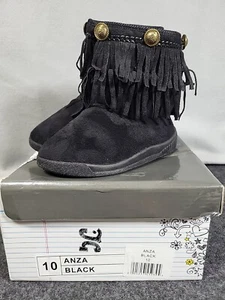 Journee Kids 'Anza' Round Toe Fringed Boots Size 10 Black Fringe Moccasin Zip Up - Picture 1 of 16