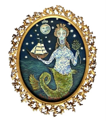 Tattooed Mermaid Folk Art Painting by Dee Sprague Gold Leaf Frame - Image 1 of 4