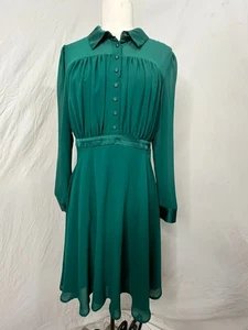 Modcloth Dress M Solid Green Shirtwaist Collar Sheer Gothcore Whimsy Emerald - Picture 1 of 8