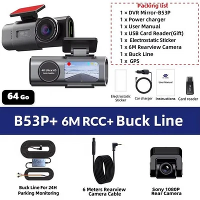 Caméra Embarquée Dashcam Voiture Auto 4K GPS WIFI Ecran Kit Parking 6m 64Go Card - Photo 1/4