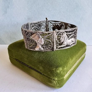 Vintage Silber filigran ägyptische Panel Stabverschluss Armband Größe 6,5" - Bild 1 von 12