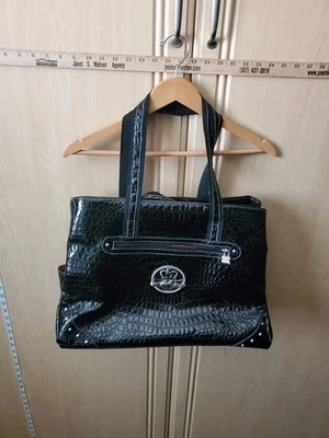 Bolso de Mano Kathy Van Zeeland Negro Simulado Patente Cocodrilo PVC Hombro XL, 18"x13"x7" Foto 1 de 4