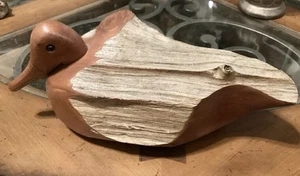 Vintage Natural And Hand Carved Cedar Wooden Duck - Picture 1 of 10