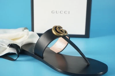 Sandalias planas Gucci Marmont de cuero negras con logotipo de chanclas talla 34,5 Gg logotipo Foto 1 de 4