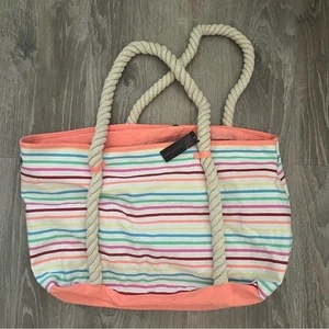 NWT No Boundaries Beach Tote Multi Stripe Rope Tote Orange Blue Green Snap Beach - Picture 1 of 4