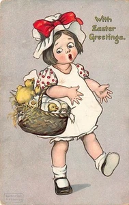 AK: Ostergrüße, kleines Mädchen mit Korb, Biesen Ostern, verschickt 1908 - Bild 1 von 2