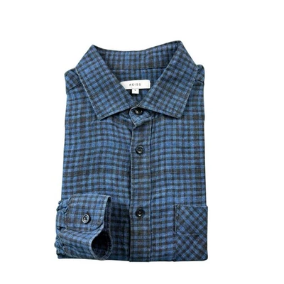 Reiss Blue Black Checked Pure Linen L/S Men’s Button Front Size Large Mint - Image 1 of 4