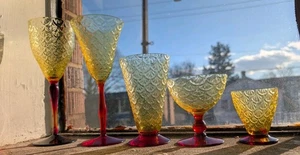 Antique Pukesburg Vaseline Red Stem Turkey Tracks/Royal Fan 5 Piece Setting  - Picture 1 of 24