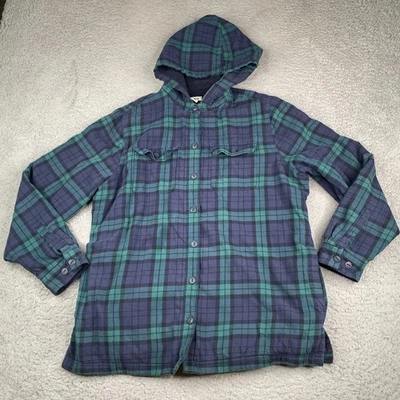 L.L. Bean Flannel Hoodie Womens Medium Green Plaid Fleece Lined Button Up - Image 1 of 4