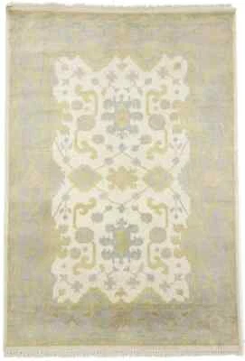 Cream Floral Hand-Knotted Oushak Chobi Oriental Wool Rug Decor Carpet 4X6 ft - Image 1 of 4